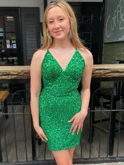 Sparkly Green Sequin Straps V Neck Fitted Homecoming Dress