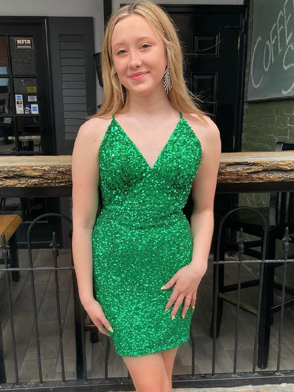 Sparkly Green Sequin Straps V Neck Fitted Homecoming Dress