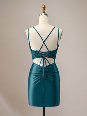 Sparkly Green Spaghetti Straps Sequins Pleated Corset Homecoming Dress