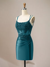 Sparkly Green Spaghetti Straps Sequins Pleated Corset Homecoming Dress