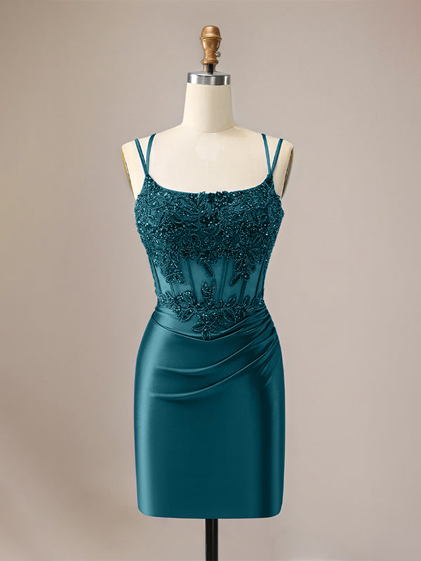 Sparkly Green Spaghetti Straps Sequins Pleated Corset Homecoming Dress