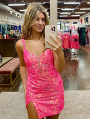Sparkly Hot Pink Double Straps Lace Up Short Tight Homecoming Dress