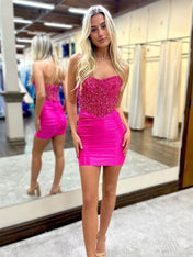 Sparkly Hot Pink Mermaid Strapless Short Satin Homecoming Dress