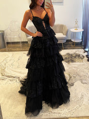 Sparkly Lace Embroidery Tiered Long Prom Dress with Slit