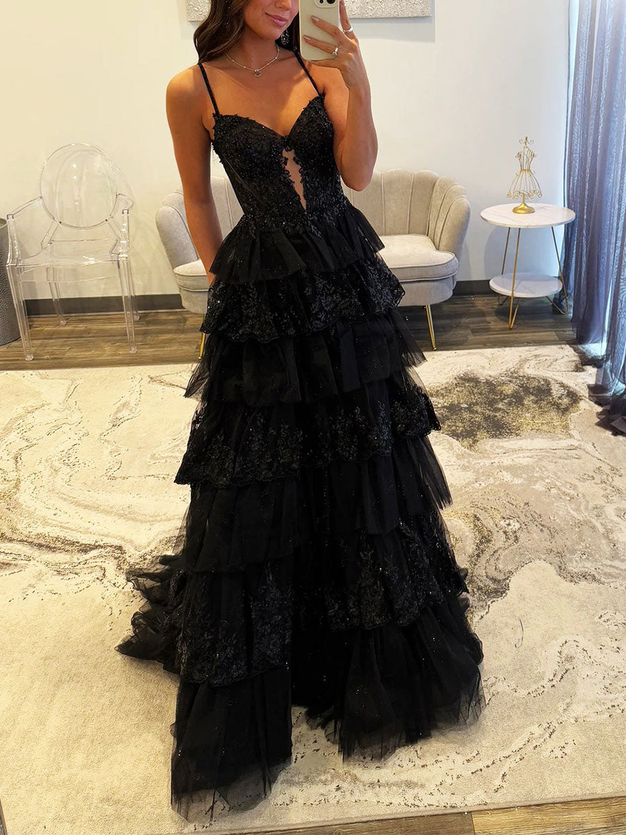 Sparkly Lace Embroidery Tiered Long Prom Dress with Slit