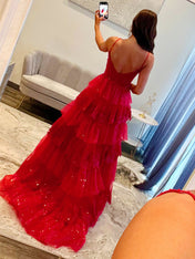 Sparkly Lace Embroidery Tiered Long Prom Dress with Slit