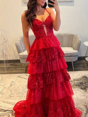 Sparkly Lace Embroidery Tiered Long Prom Dress with Slit
