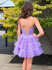 Sparkly Lavender Ruffled Short Corset Homecoming Dress with Sequins