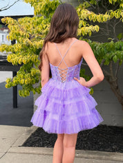 Sparkly Lavender Ruffled Short Corset Homecoming Dress with Sequins