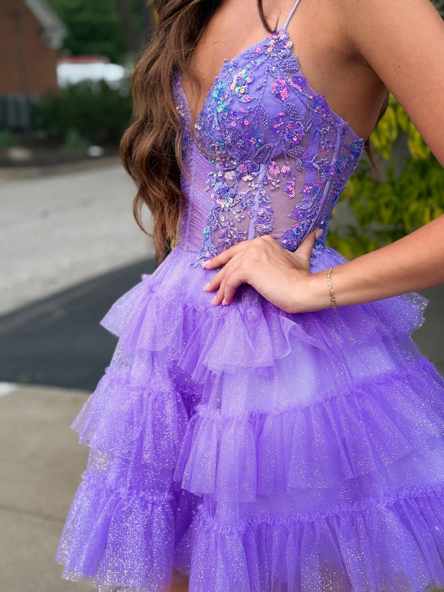 Dreamylily Women Sparkly Lavender Ruffled Short Corset Homecoming Dress with Sequins Dreamylily Women Sparkly Lavender Ruffled Short Corset Homecoming Dress with Sequins