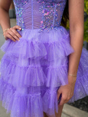 Sparkly Lavender Ruffled Short Corset Homecoming Dress with Sequins