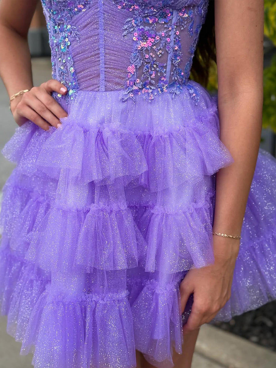 Dreamylily Women Sparkly Lavender Ruffled Short Corset Homecoming Dress  with Sequins