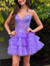 Sparkly Lavender Ruffled Short Corset Homecoming Dress with Sequins