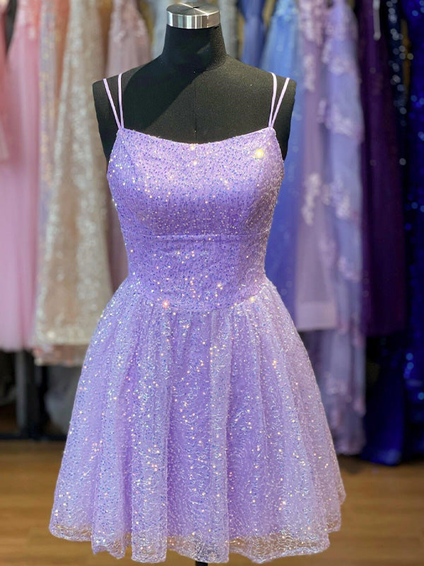 Sparkly Lavender Tulle A-line Short Homecoming Dress