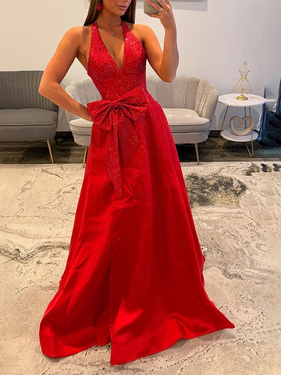 Sparkly Light Blue A-Line Corset Prom Dress with Statement Bow