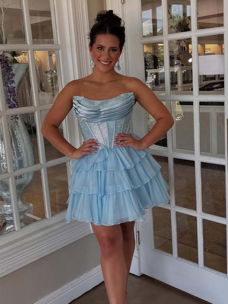 Sparkly Light Blue Corset A Line Short Beaded Homecoming Dress with Ruffles