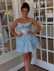 Sparkly Light Blue Corset A Line Short Beaded Homecoming Dress with Ruffles