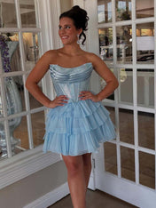 Sparkly Light Blue Corset A Line Short Beaded Homecoming Dress with Ruffles