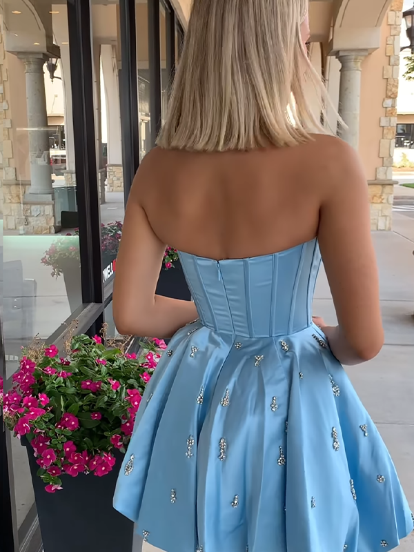 Sparkly Light Blue Satin A Line Short Corset Homecoming Dress with Rhinestones