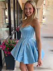 Sparkly Light Blue Satin A Line Short Corset Homecoming Dress with Rhinestones