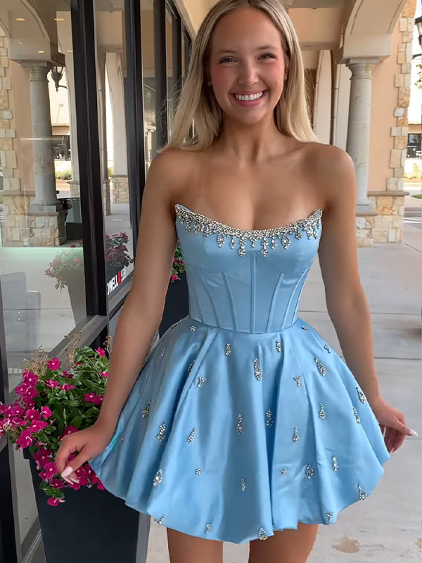 Sparkly Light Blue Satin A Line Short Corset Homecoming Dress with Rhinestones