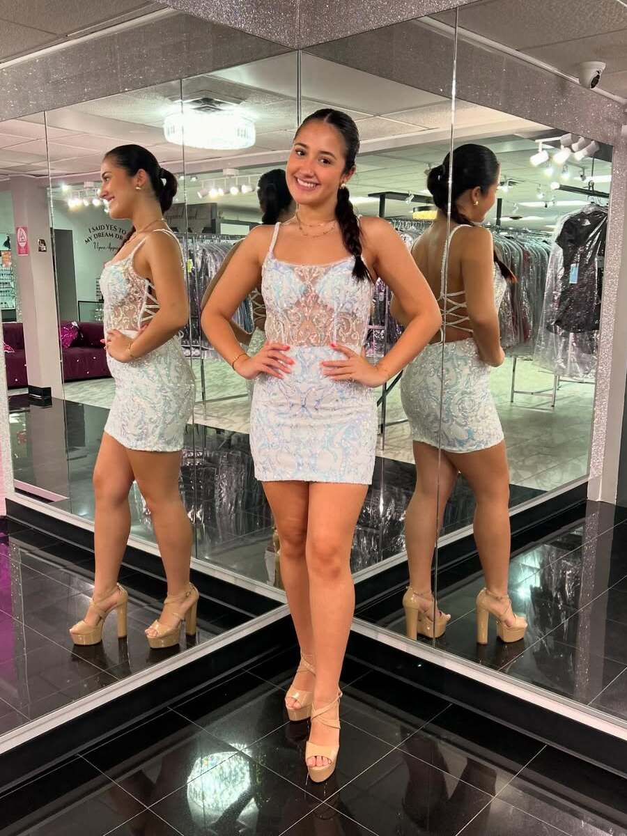 Sparkly Light Blue Sequins Sweetheart Bodycon Short Homecoming Dress