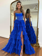 Sparkly Light Blue Strapless A-Line Long Tiered Prom Dress with Slit
