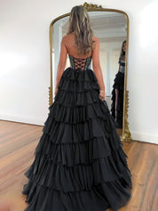 Sparkly Light Blue Strapless A-Line Long Tiered Prom Dress with Slit