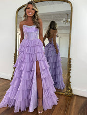 Sparkly Light Blue Strapless A-Line Long Tiered Prom Dress with Slit