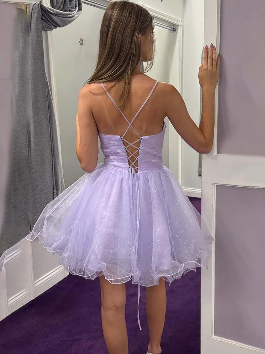 Sparkly Lilac A Line Tulle Short Homecoming Dress with Beading
