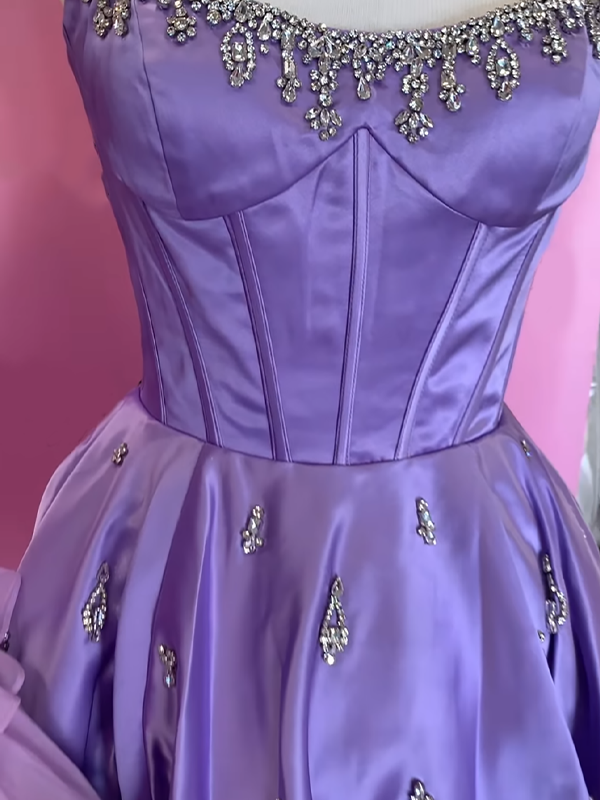 Sparkly Lilac Satin A Line Short Corset Homecoming Dress with Rhinestones