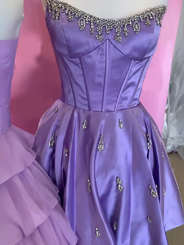 Sparkly Lilac Satin A Line Short Corset Homecoming Dress with Rhinestones