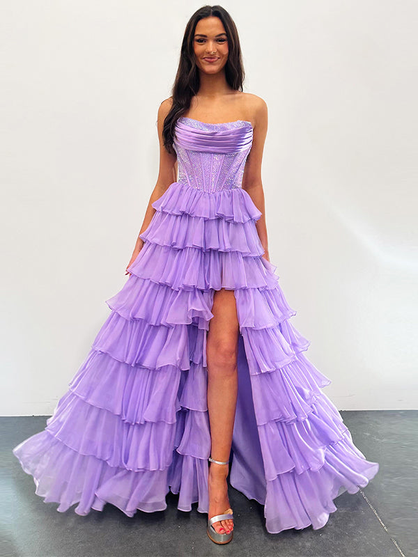 Sparkly Light Blue Strapless A-Line Long Tiered Prom Dress with Slit