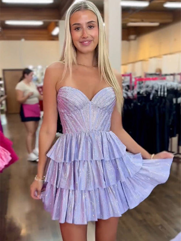 Sparkly Lilac Sweetheart Short A-Line Tiered Beaded Homecoming Dress