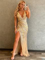 Sparkly Mermaid Deep V-Neck Sequins Long Prom Dress