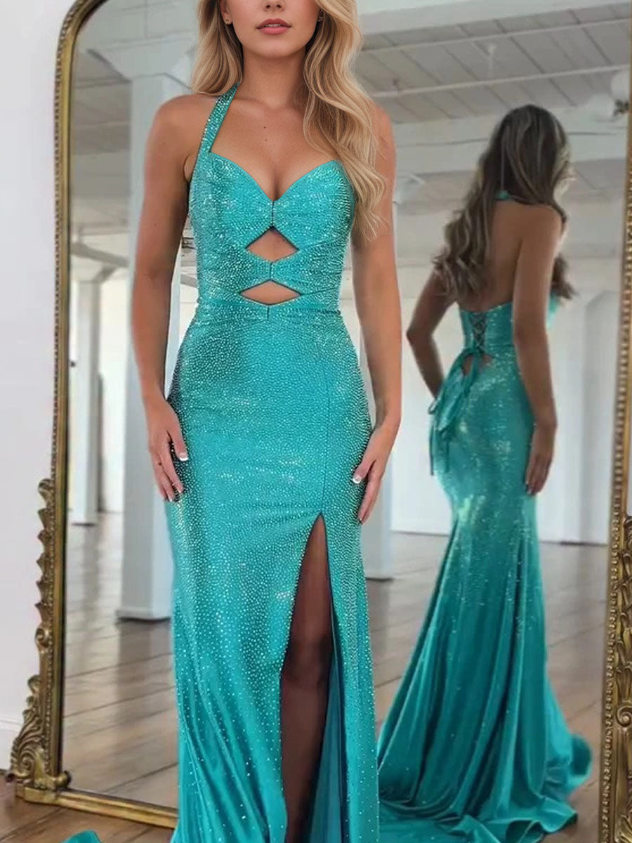 Sparkly Mermaid Keyhole Long Beaded Prom Dress with Slit