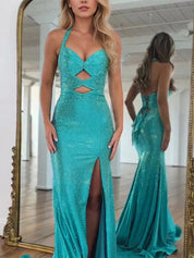 Sparkly Mermaid Keyhole Long Beaded Prom Dress with Slit