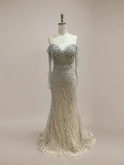 Sparkly Champagne Mermaid Off the Shoulder Long Prom Dress With Corset