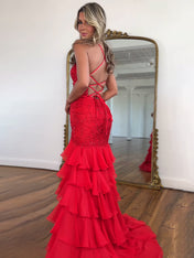 Sparkly Mermaid Spaghetti Straps Lace Prom Dress with Ruffle Skirt
