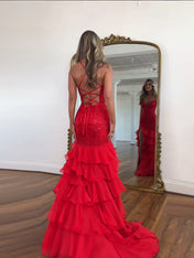 Sparkly Mermaid Spaghetti Straps Lace Prom Dress with Ruffle Skirt