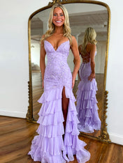 Sparkly Mermaid Spaghetti Straps Lace Prom Dress with Ruffle Skirt