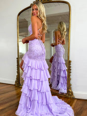 Sparkly Mermaid Spaghetti Straps Lace Prom Dress with Ruffle Skirt