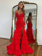 Sparkly Mermaid Spaghetti Straps Lace Prom Dress with Ruffle Skirt