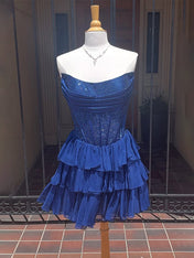Sparkly Navy Corset A Line Short Beaded Homecoming Dress with Ruffles