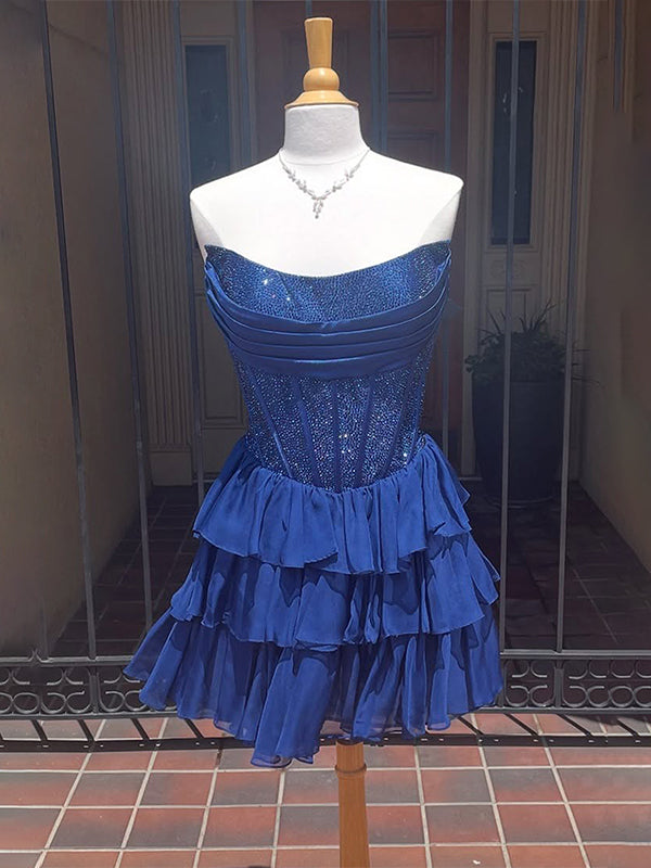 Sparkly Navy Corset A Line Short Beaded Homecoming Dress with Ruffles