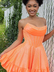 Strapless Beaded Short Homecoming Dress with Ruffle