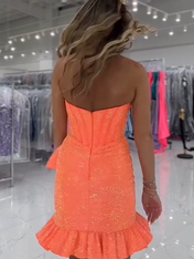 Sparkly Orange Tight Short Corset Homecoming Dress with Beading