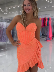 Sparkly Orange Tight Short Corset Homecoming Dress with Beading