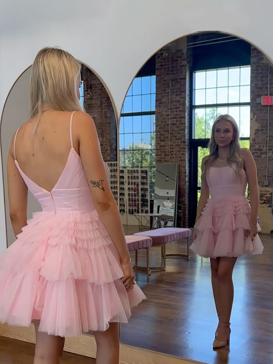 Sparkly Pink A Line Short Tulle Homecoming Dress with Ruffles