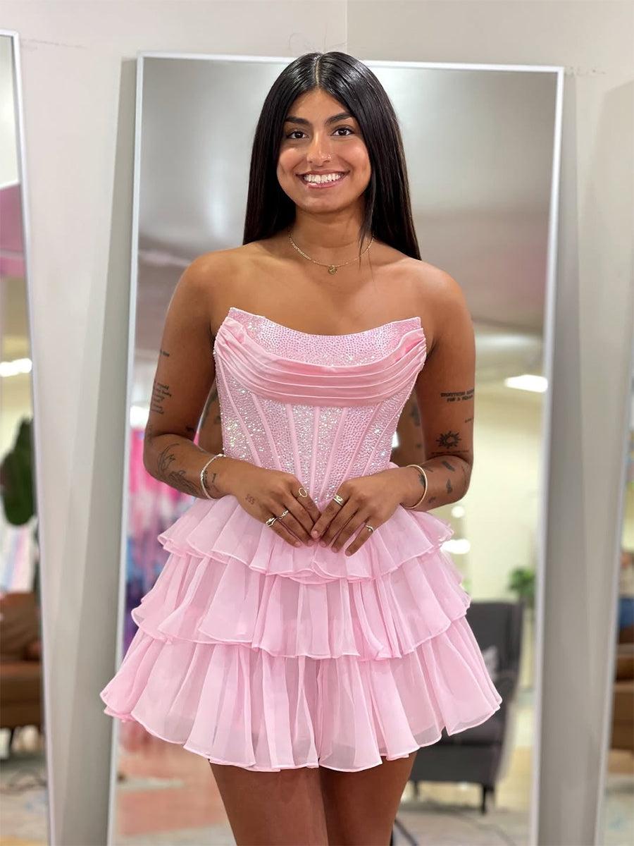 Sparkly Pink Corset A Line Short Beaded Homecoming Dress with Ruffles